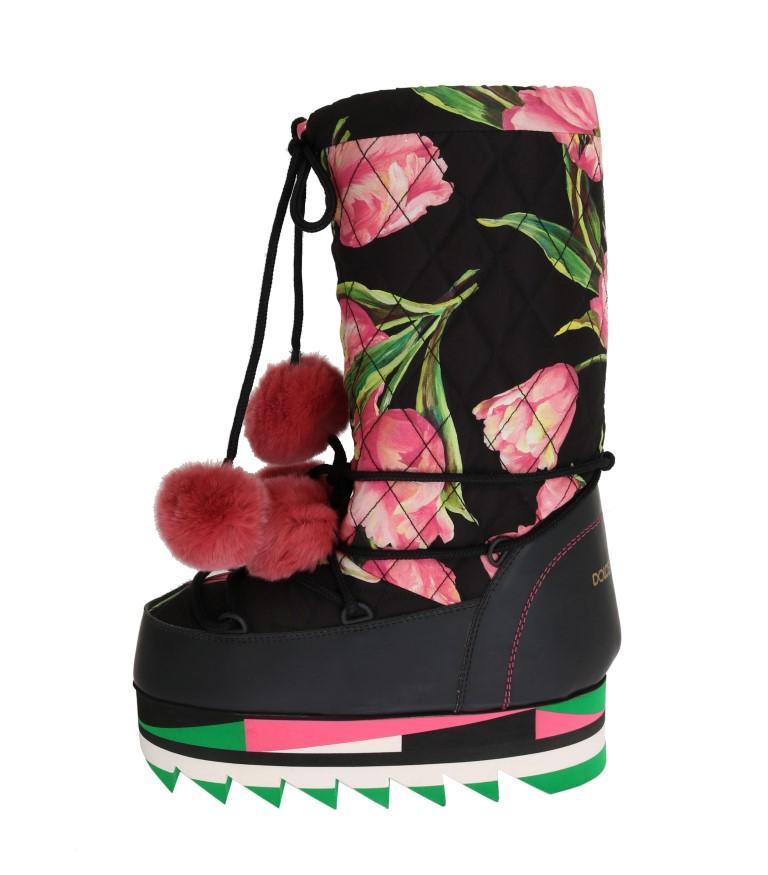 Pink Tulip Print Nylon Leather Boots