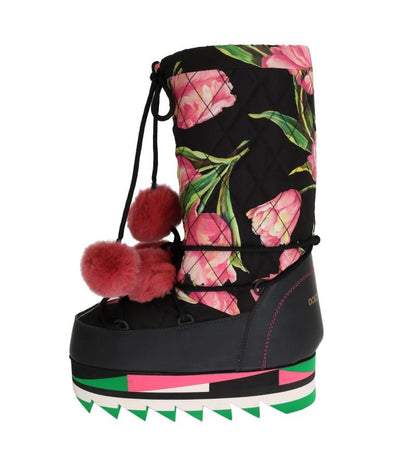 Pink Tulip Print Nylon Leather Boots