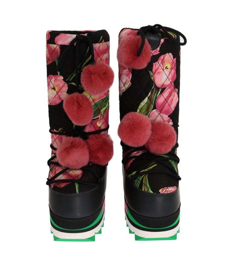 Pink Tulip Print Nylon Leather Boots