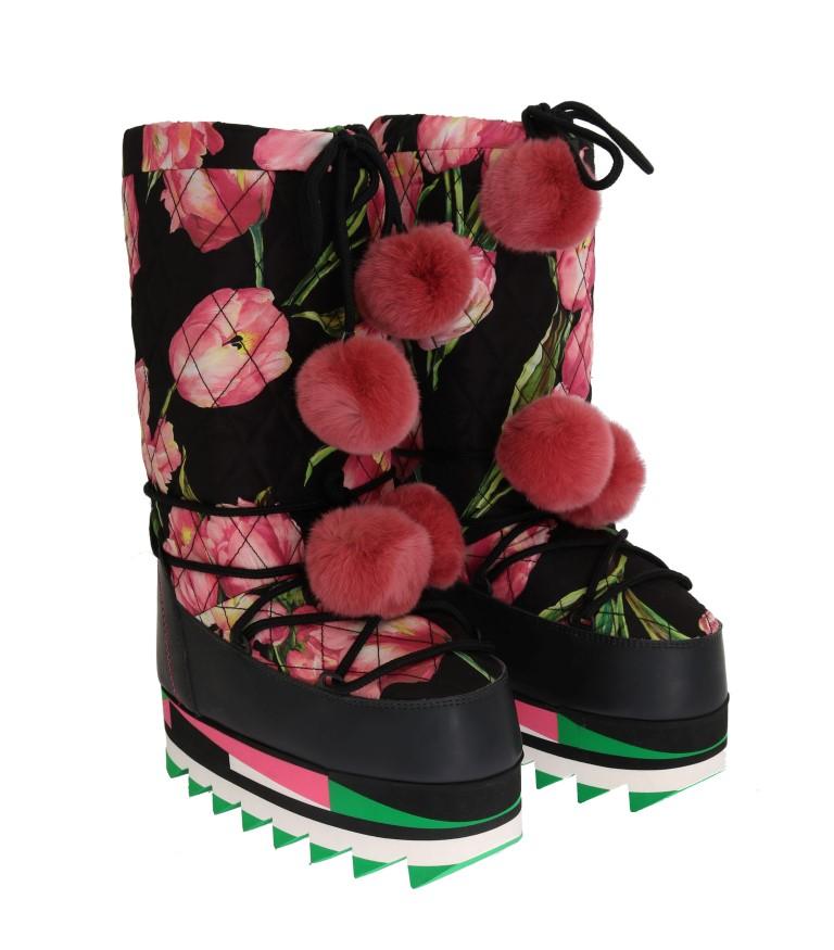 Pink Tulip Print Nylon Leather Boots