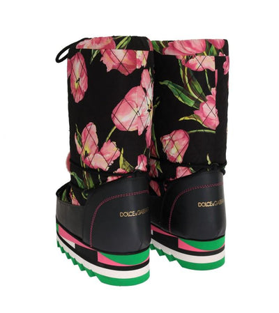 Pink Tulip Print Nylon Leather Boots