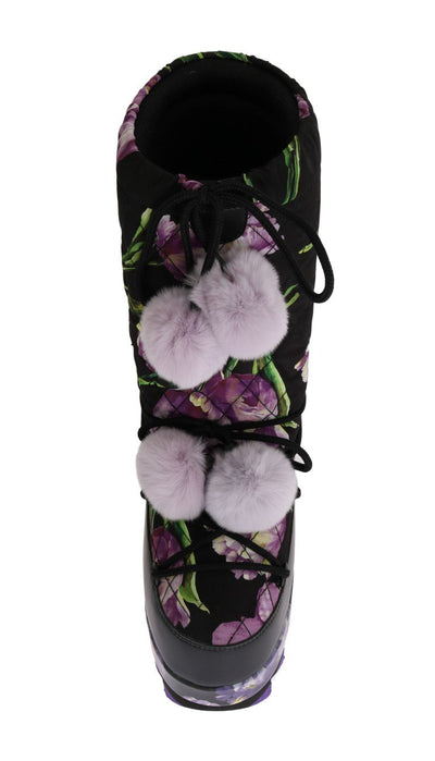 Purple Tulip Print Nylon Leather Boots
