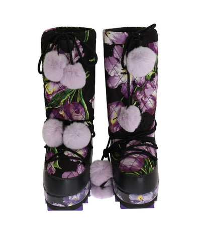 Purple Tulip Print Nylon Leather Boots