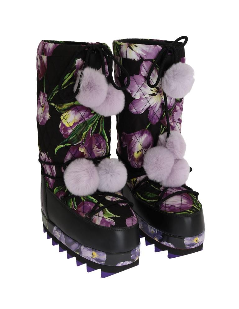 Purple Tulip Print Nylon Leather Boots