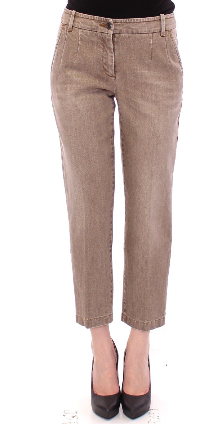 Beige Cotton Cropped Chinos Jeans Pants