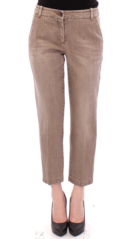 Beige Cotton Cropped Chinos Jeans Pants