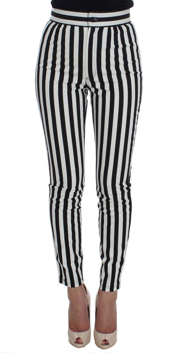 Black White Striped Cotton Stretch Jeans