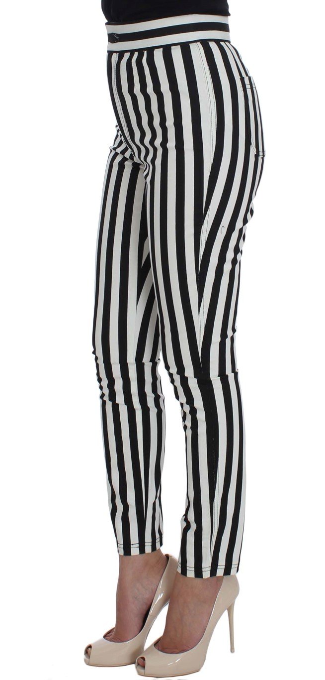 Black White Striped Cotton Stretch Jeans