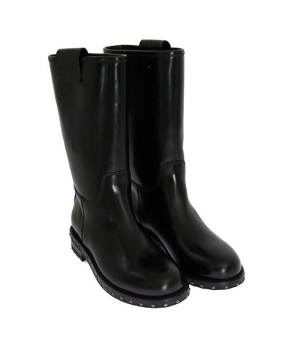Black Leather Mid-Calf Logo Boots