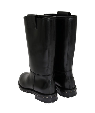 Black Leather Mid-Calf Logo Boots