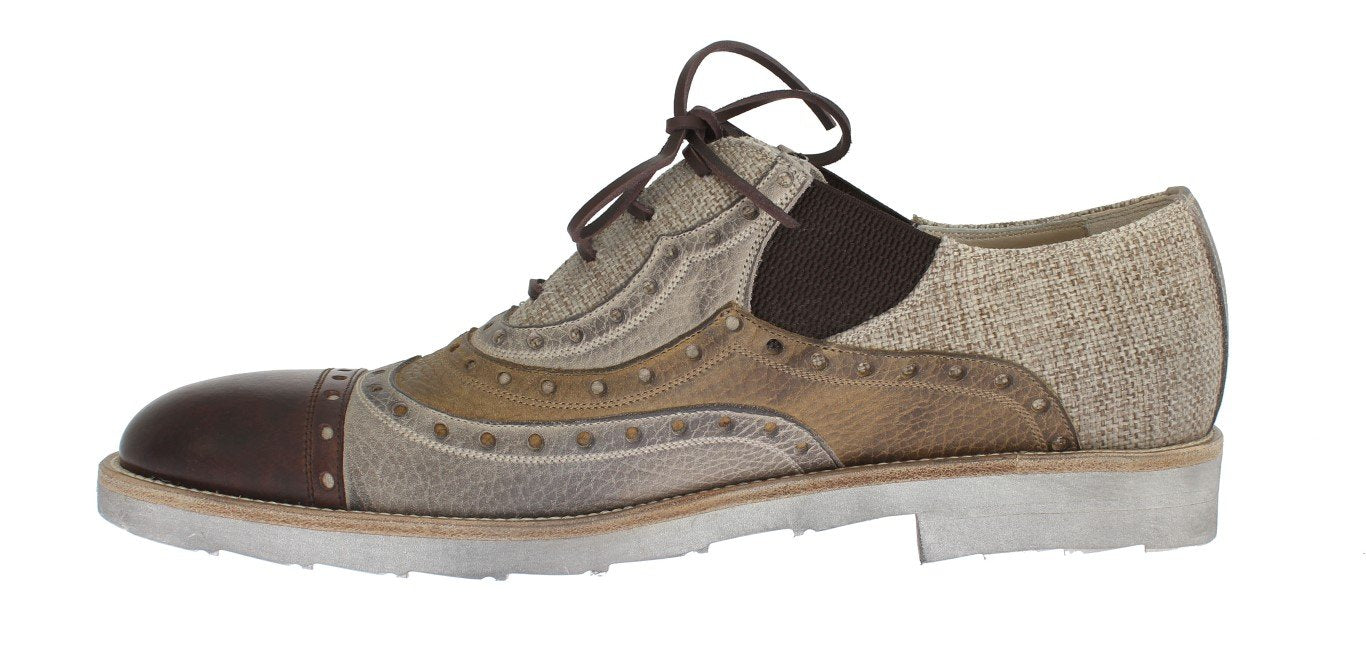 Beige Leather Raffia Wingtip Shoes
