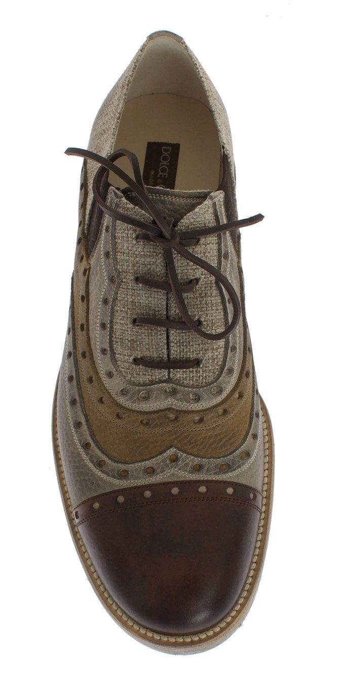 Beige Leather Raffia Wingtip Shoes