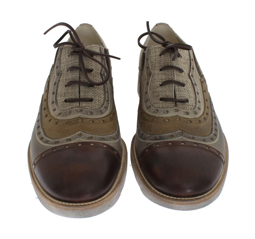 Beige Leather Raffia Wingtip Shoes