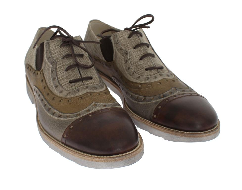 Beige Leather Raffia Wingtip Shoes