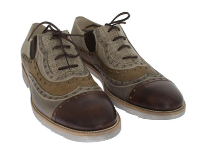Beige Leather Raffia Wingtip Shoes