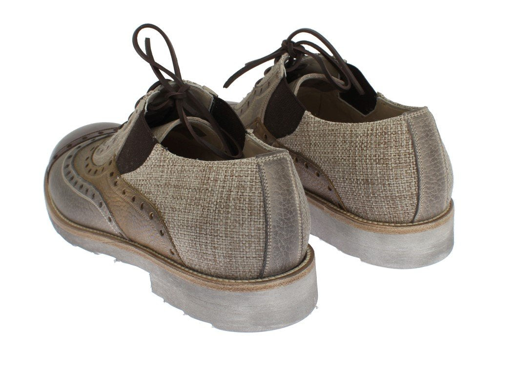 Beige Leather Raffia Wingtip Shoes