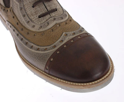 Beige Leather Raffia Wingtip Shoes