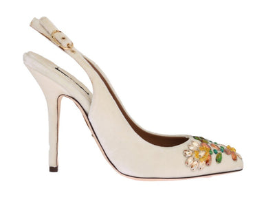White Velvet Crystal Slingback Shoes