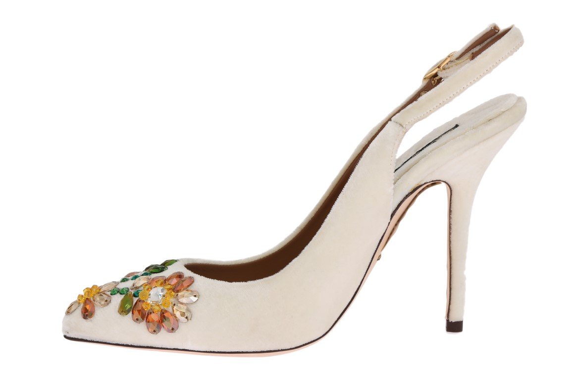 White Velvet Crystal Slingback Shoes