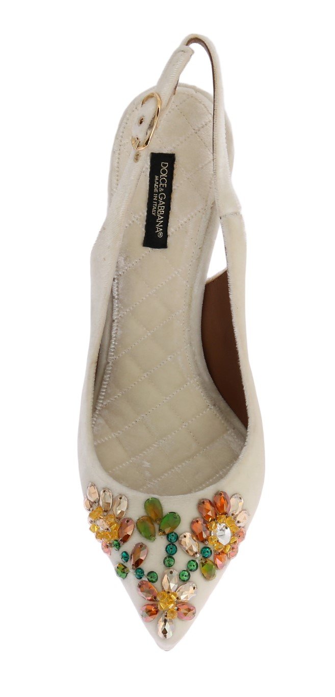 White Velvet Crystal Slingback Shoes