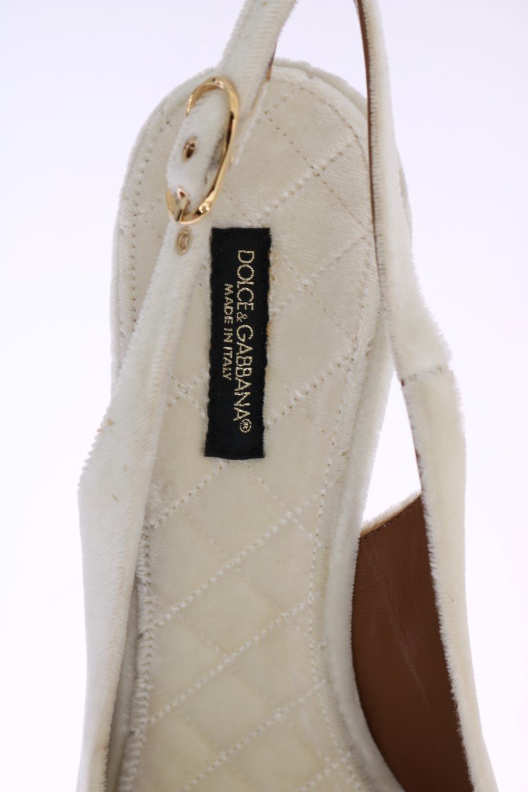 White Velvet Crystal Slingback Shoes