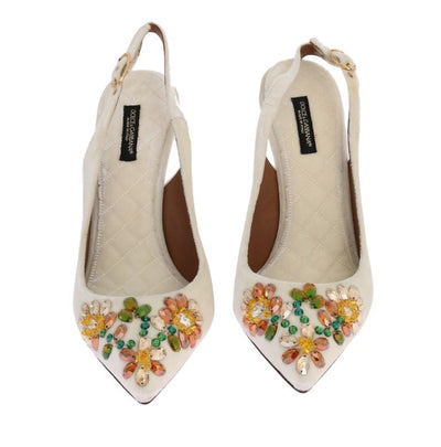 White Velvet Crystal Slingback Shoes