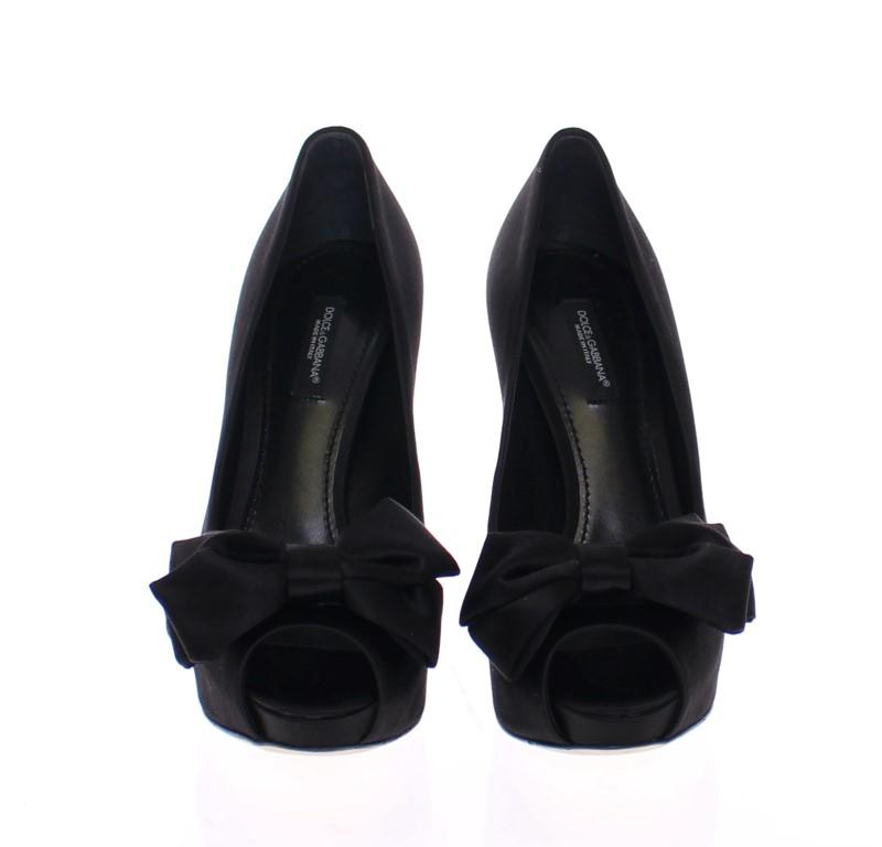 Black Silk Platform Bow Pumps