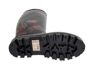 Black Rubber Red Tulip Print Boots