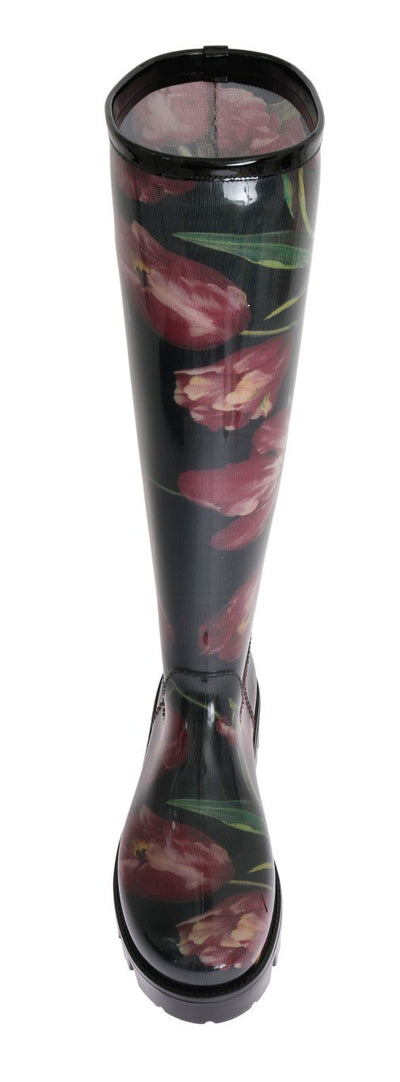 Black Rubber Red Tulip Print Boots