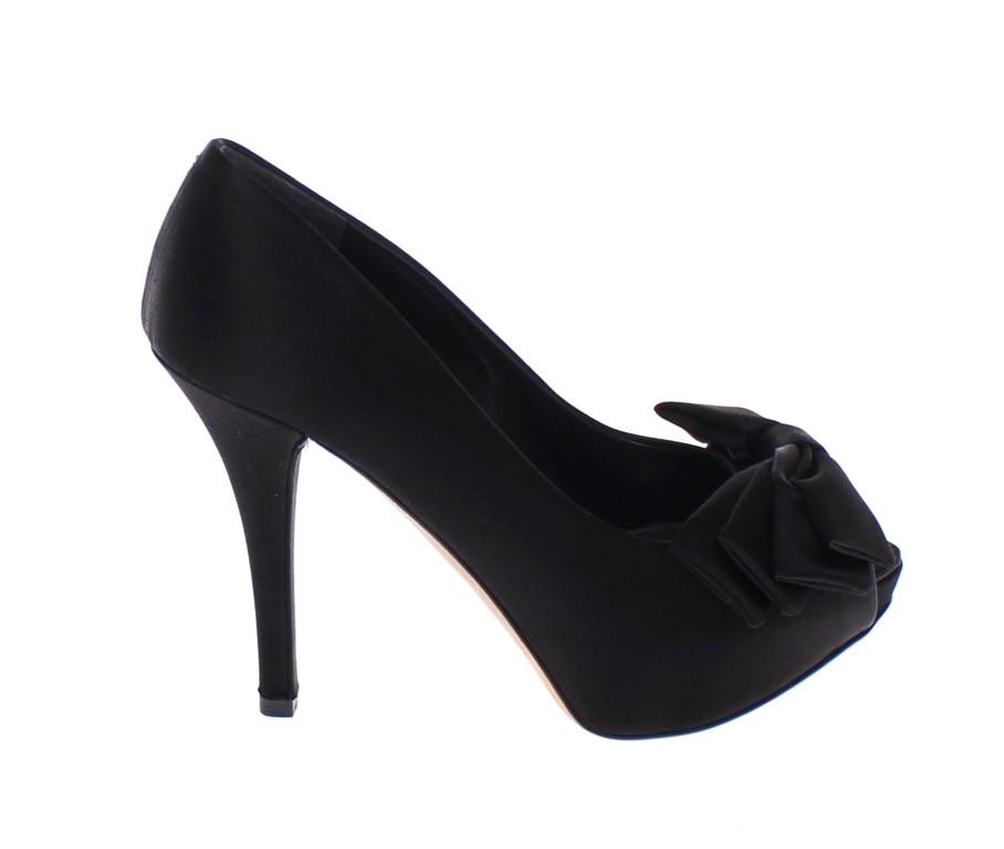 Black Silk Platform Bow Pumps