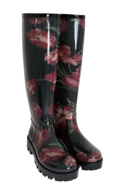 Black Rubber Red Tulip Print Boots