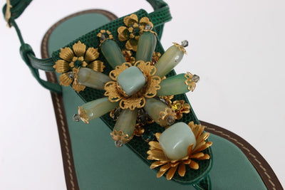 Green Leather Crystal Sandals