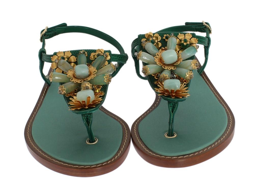 Green Leather Crystal Sandals