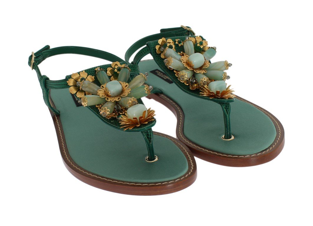 Green Leather Crystal Sandals