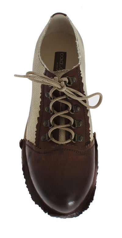Brown Leather Beige Linen Derby Shoes