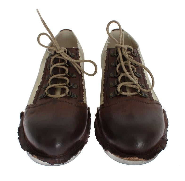 Brown Leather Beige Linen Derby Shoes