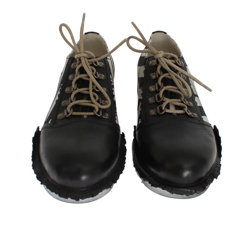 Black Beige Leather Linen Derby Shoes
