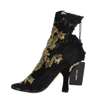 Black Lace Gold Baroque Suede Pumps