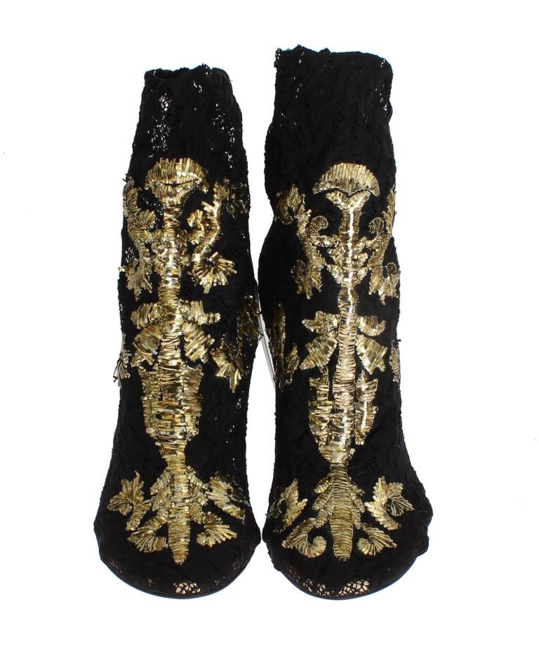 Black Lace Gold Baroque Suede Pumps
