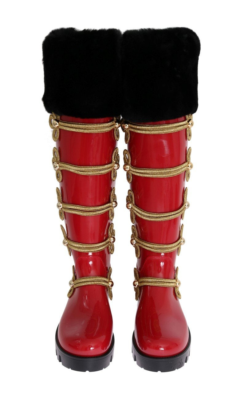 Red Gold Fur Rubber Rain Boots