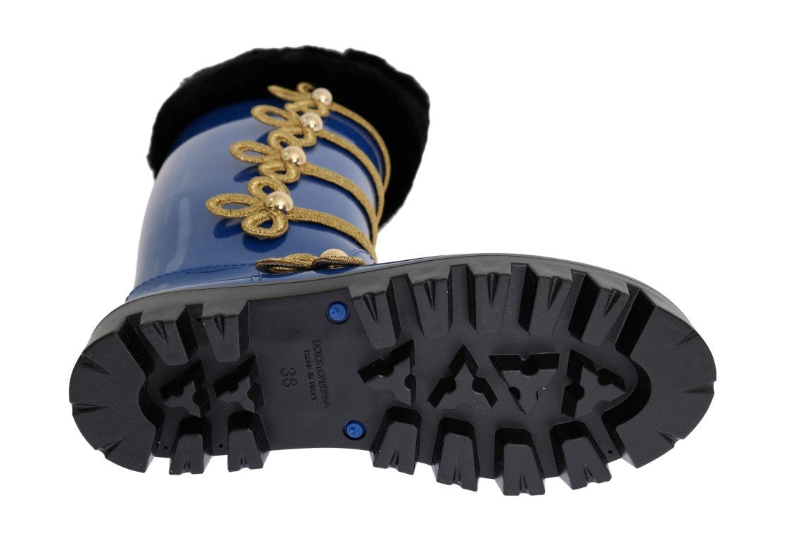 Blue Gold Fur Rubber Rain Boots