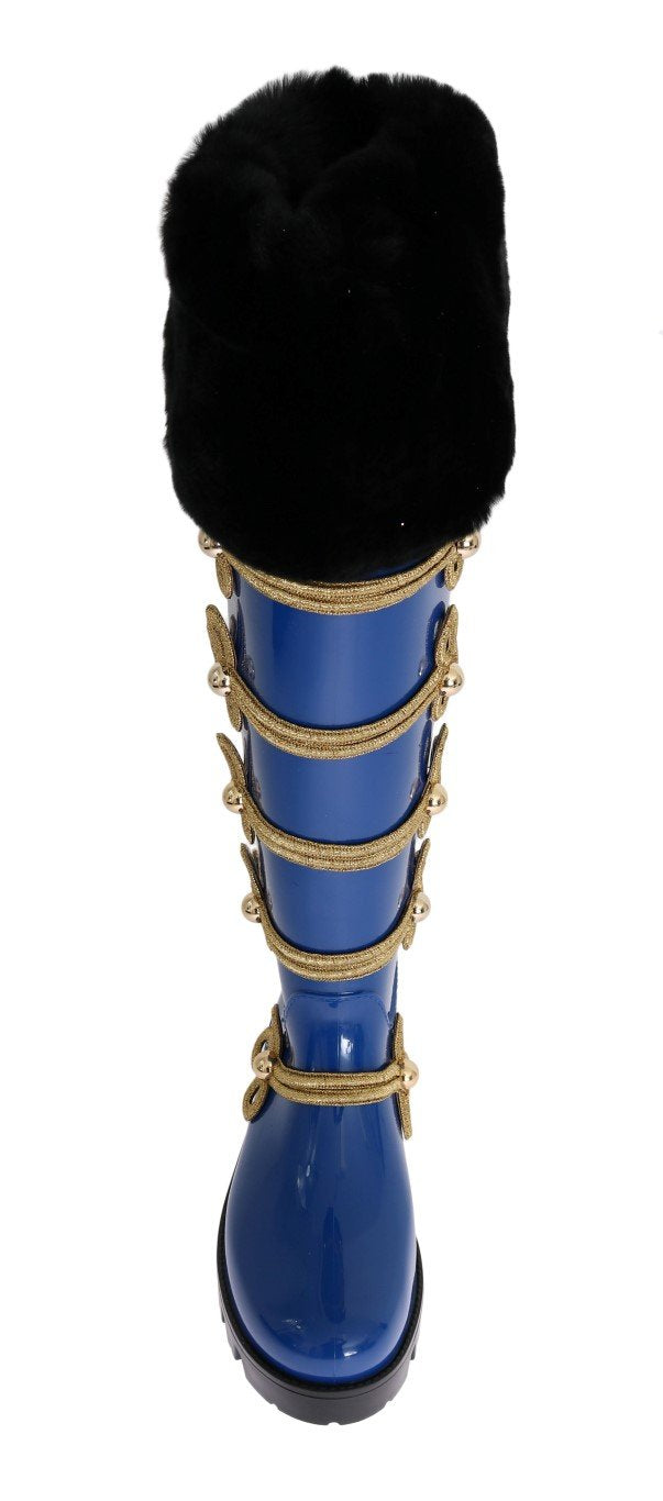 Blue Gold Fur Rubber Rain Boots