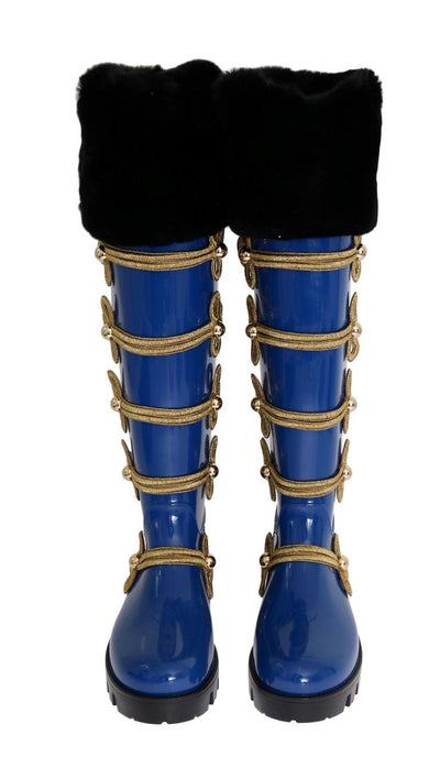 Blue Gold Fur Rubber Rain Boots