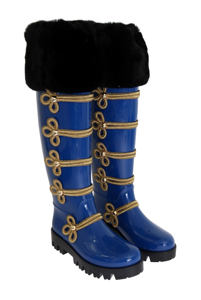 Blue Gold Fur Rubber Rain Boots