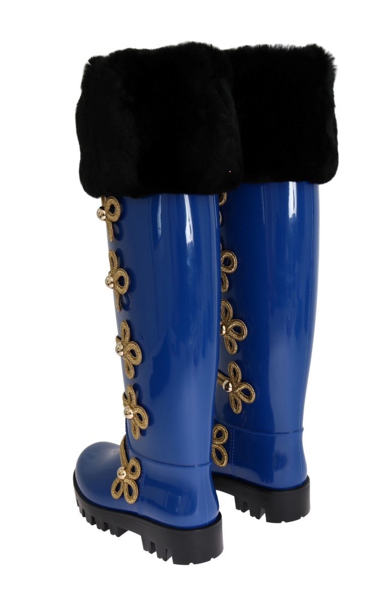 Blue Gold Fur Rubber Rain Boots