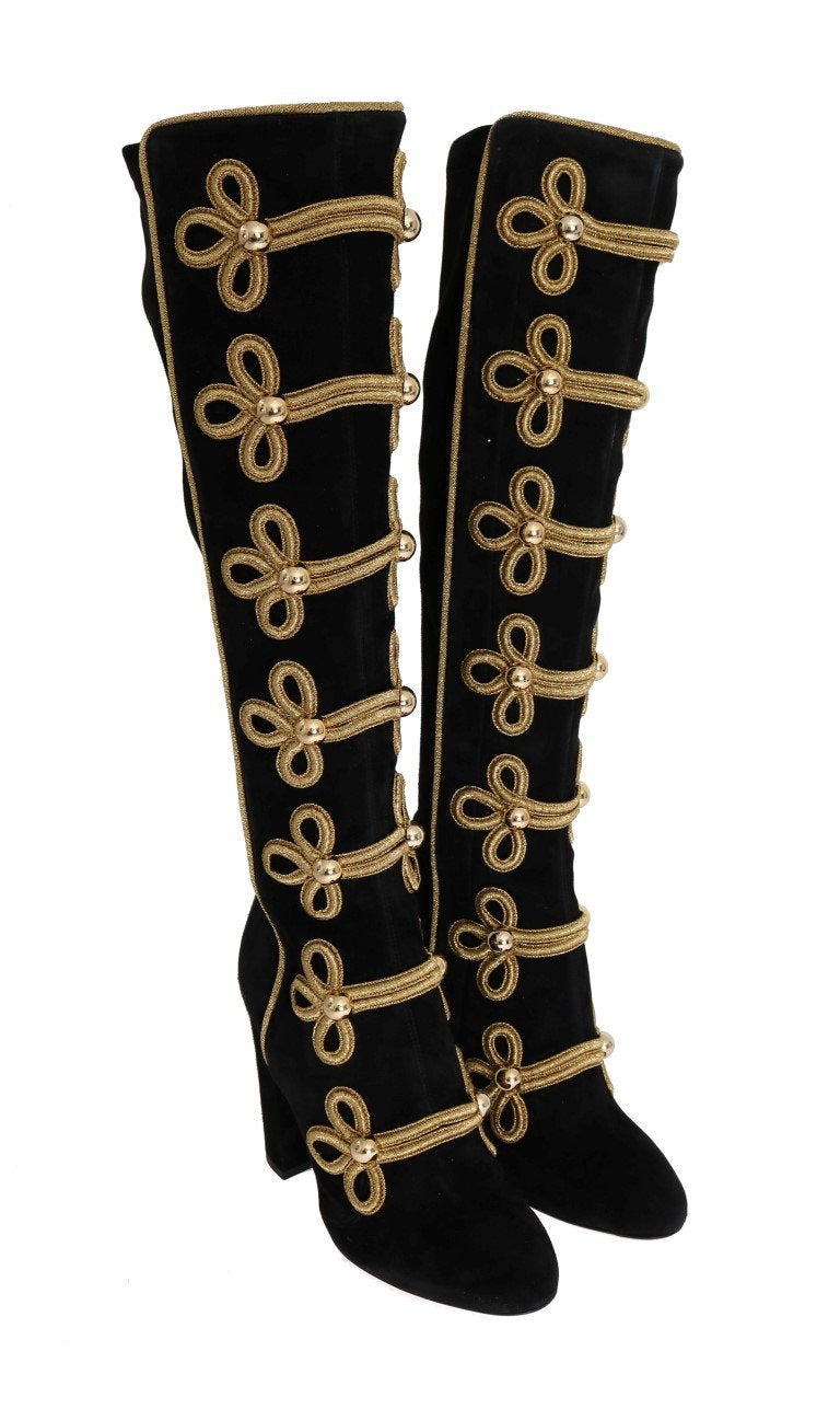 Black Suede Stretch Gold Boots