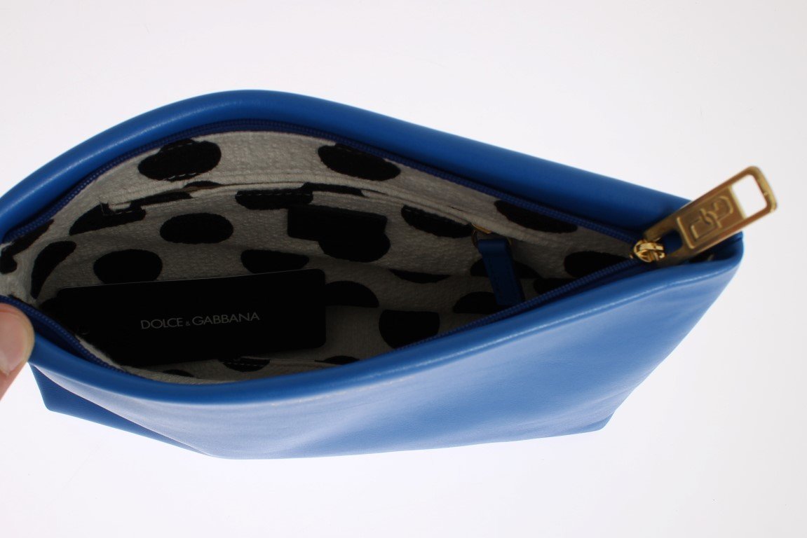 Blue Leather Zipper Clutch Hand Bag Purse Toiletry