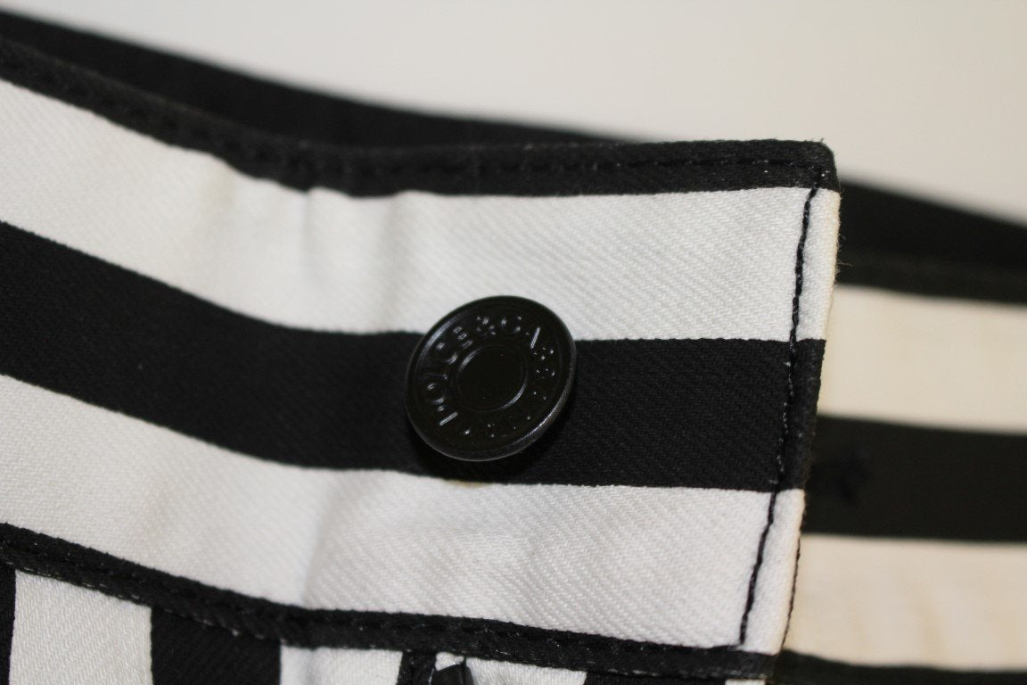 Black White Striped Cotton Stretch Jeans