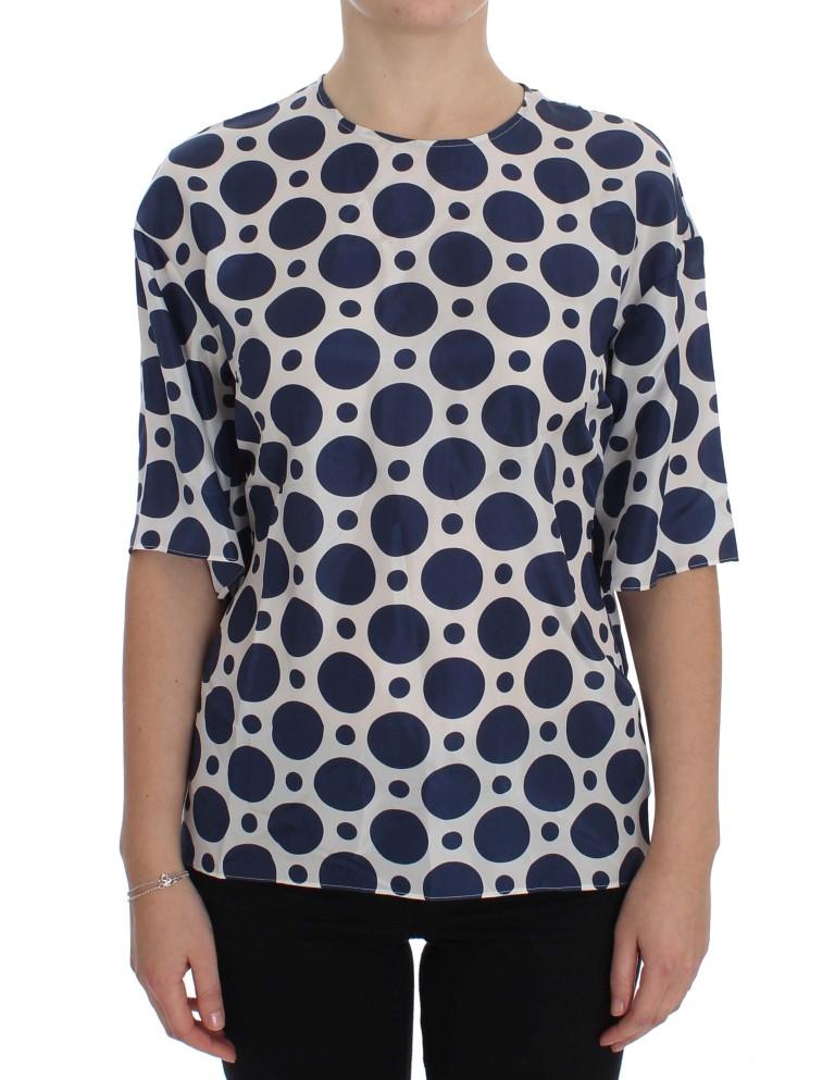 Blue Polka Dotted Silk Top Blouse