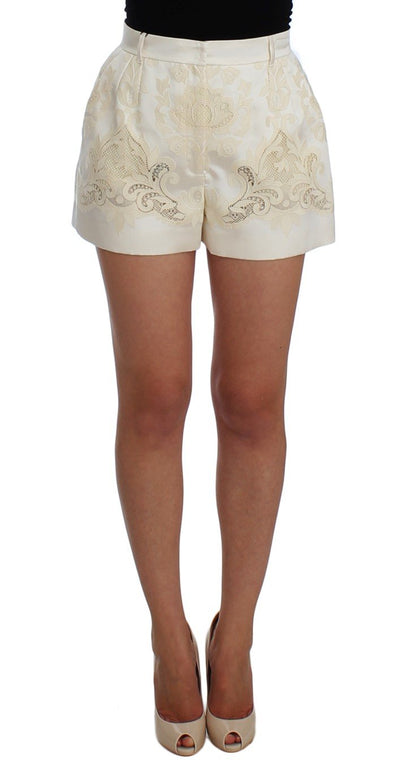 White Beige Lace Silk Blend Shorts